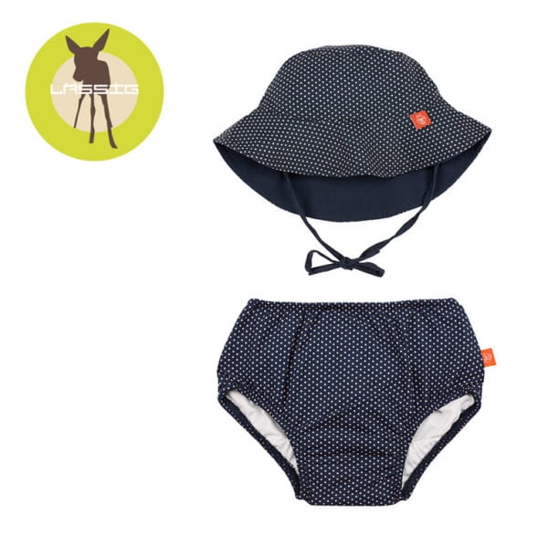 Lassig  -  Zestaw Kapelusz i Majteczki do Pływania z Wkładką Chłonną Polka Dots Navy uv 50+