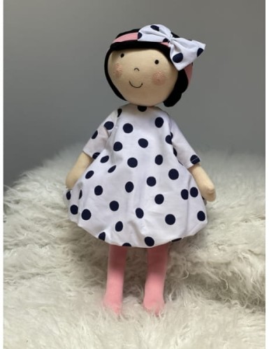 Misie Agaty       -       Lalka Szmaciana Michalina Sukienka w Grochy  -  Różowa Opaska