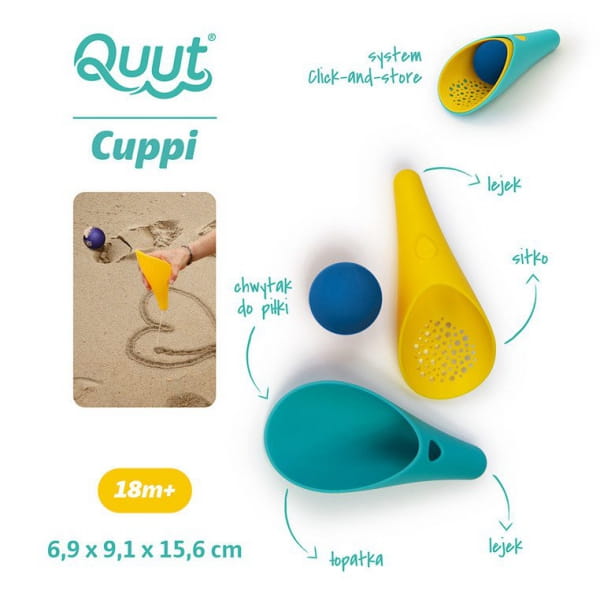 Quut  -  Zestaw 2 Łopatek Wielofunkcyjnych z Piłeczką Cuppi Lagoon Green + Yellow + Blue Ball