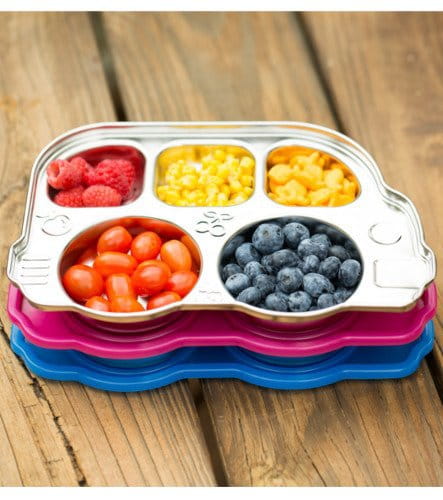 innoBaby - Talerz ze Stali Nierdzewnej z Przegródkami i Silikonową Pokrywką Innobaby, Różowy Autobus