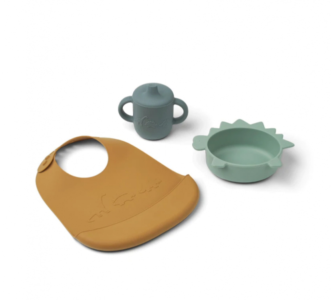 Liewood   -   Silikonowy Zestaw Jedzeniowy Connor Baby Dining Set  -  Dino Peppermint Multi Mix