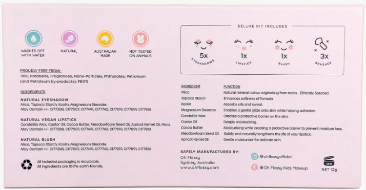 Oh Flossy - Oh Flossy, Naturalny Zestaw do Makijażu Deluxe, Cienie, Róż, Szminka i Akcesoria