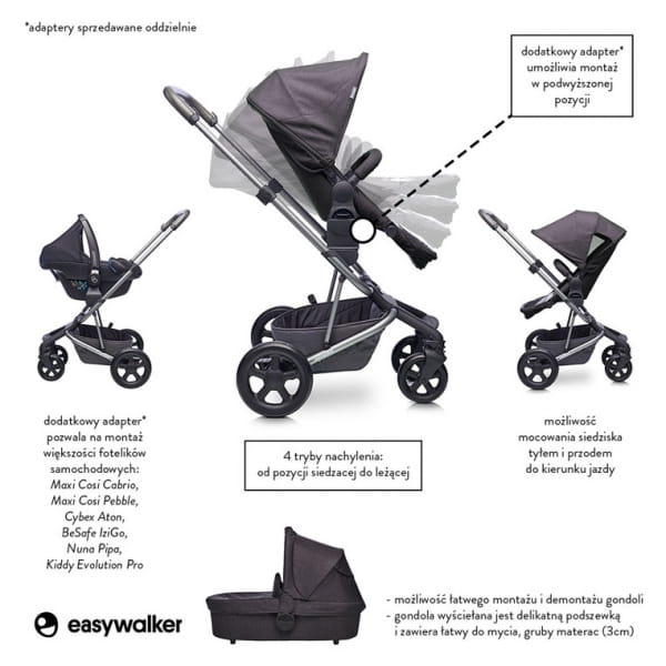 Easywalker Harvey  -  Wózek Głęboko - Spacerowy Coal Black (zawiera Stelaż, Siedzisko z Budką i Pałąkiem)