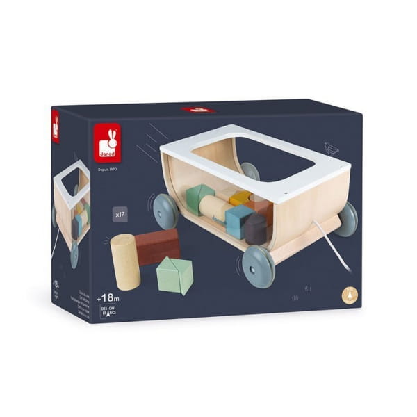 Janod - Wózek do Ciągnięcia  Drewniany z 17 Klockami Sweet Cocoon