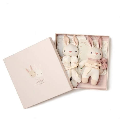 ThreadBear Design - Zestaw z Bawełny Organicznej  -  Grzechotka i Kocyk Przytulanka w Ozdobnym Pudełku, Cream Bunny, Threadbear